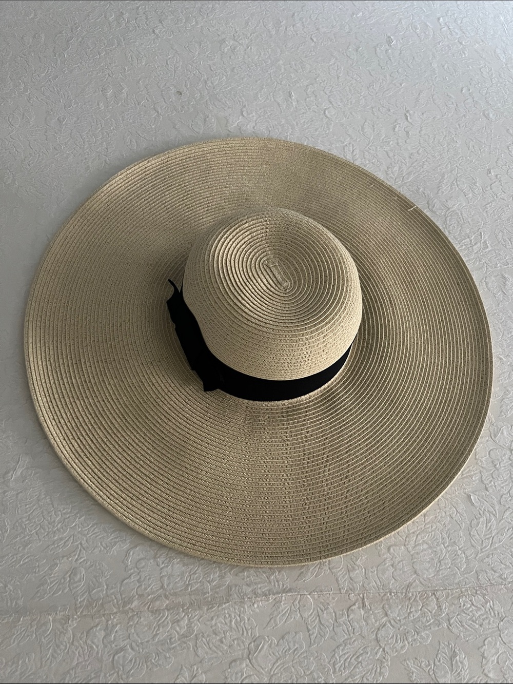 Wide Brim Straw Sun Hat with Black Band - Beige